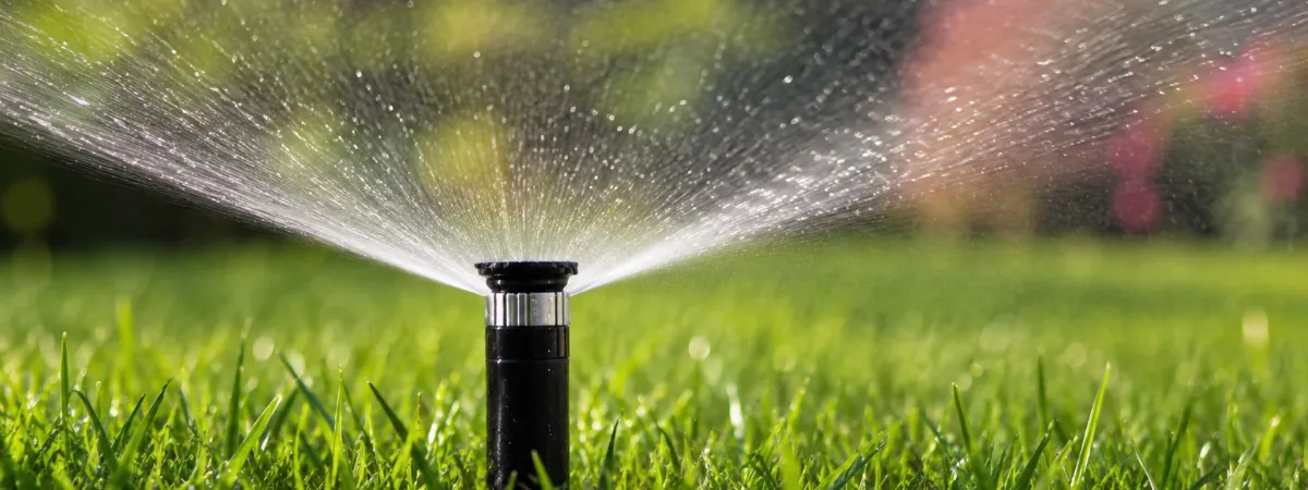 image of a running sprinkler on a green lawn