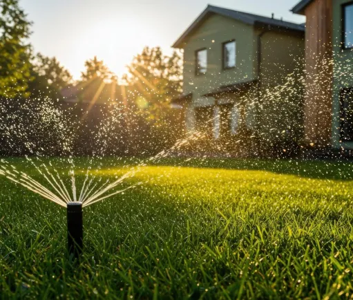 operational irrigation system on lush green lawn